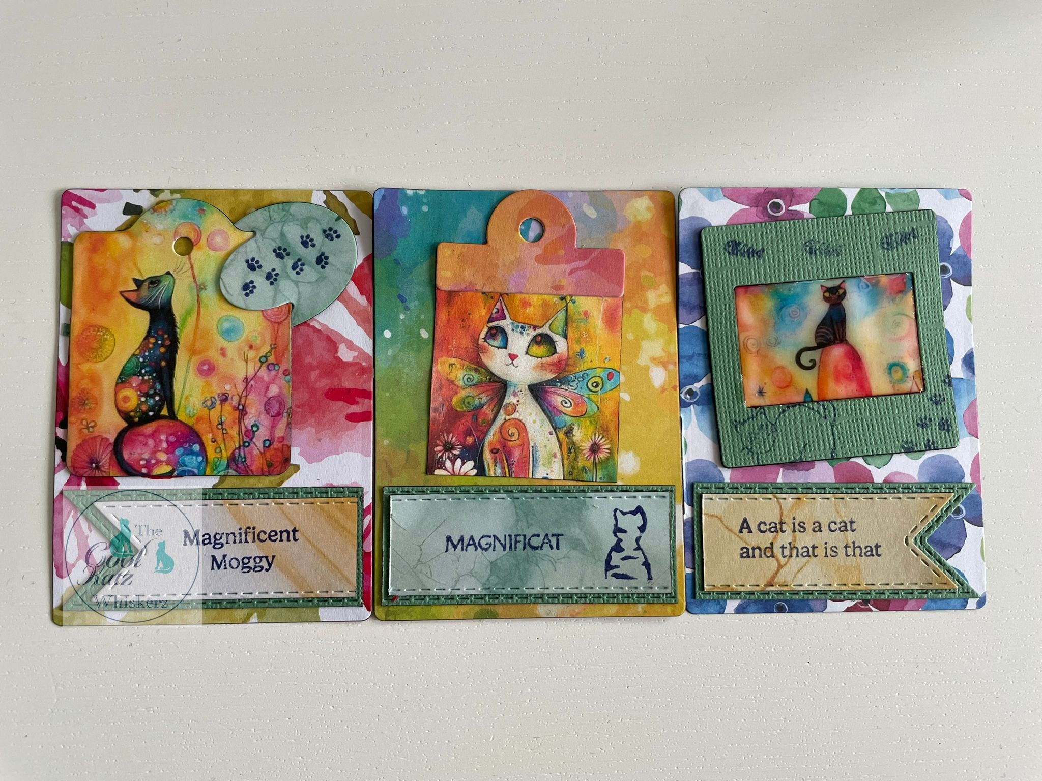 A6 cat stamp, ATC spells CAT and printed whimsical cats designed by Danskidigitals
