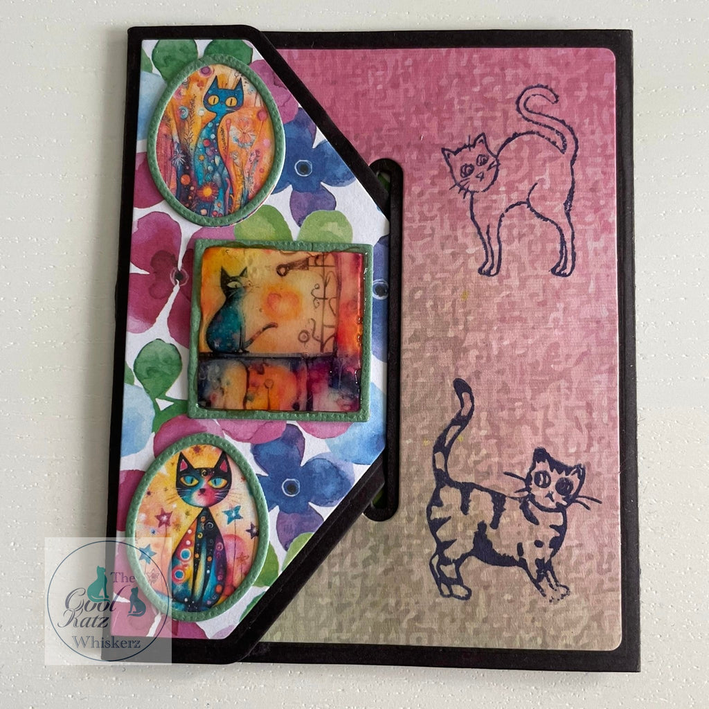 A6 cat stamp, ATC spells CAT and printed whimsical cats designed by Danskidigitals