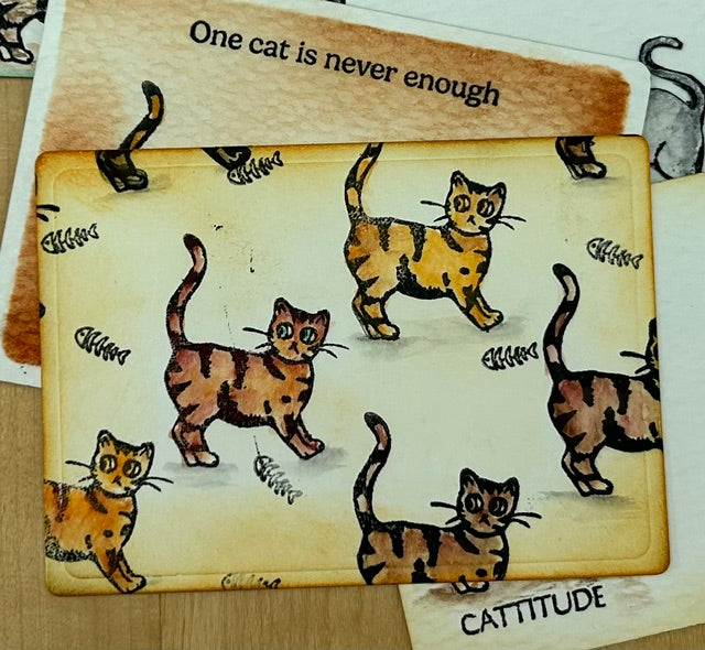 A6 cat stamp, ATC spells CAT and printed whimsical cats designed by Danskidigitals