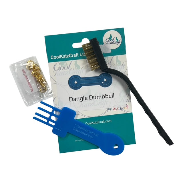 Tassel tool kit with dangle dumbbell