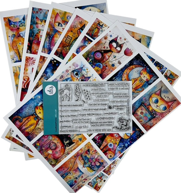 A6 cat stamp, ATC spells CAT and printed whimsical cats designed by Danskidigitals